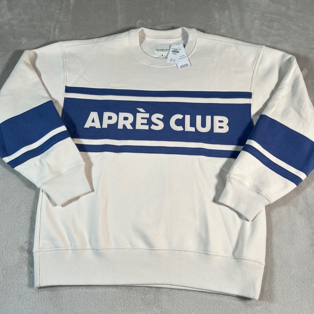 Abercrombie & Fitch Apres Club Sweatshirt Mens Medium Cream Blue Crewneck NWT
